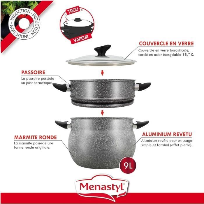 Couscoussier - MENASTYL - 6020033 - En aluminium effet marbre - 9 litres - Tous feux dont induction