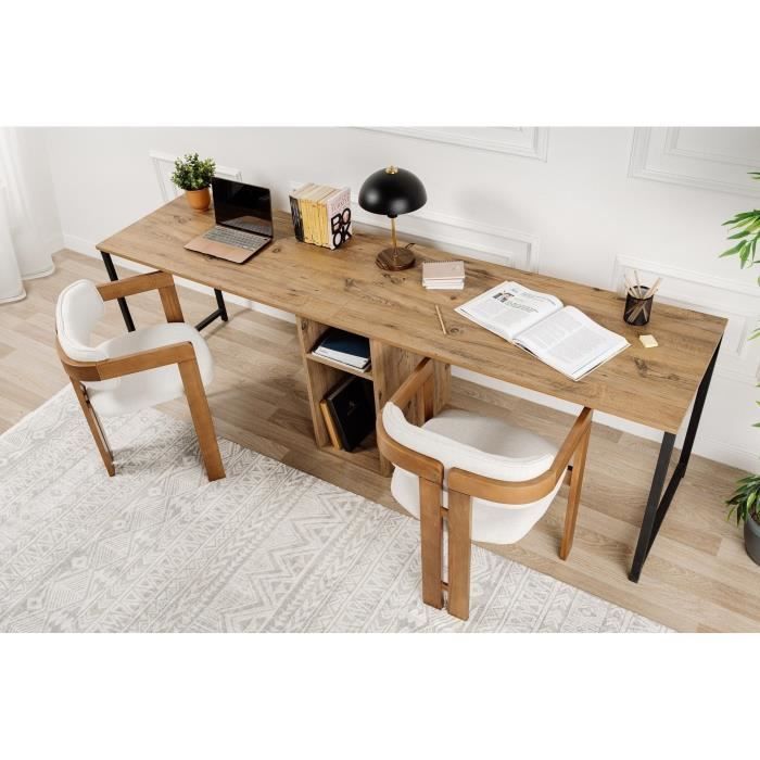 Bureau d'étude moderne avec pieds en métal - TWIN - Pin atlantique / Noir - 240 x 74 x 60 cm