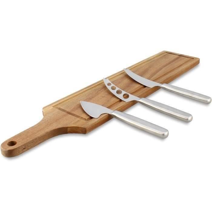 Planche a decouper - MENASTYL - 5040079 - Rectangulaire - En bois d'acacia - Avec 3 couteaux a fromage en inox