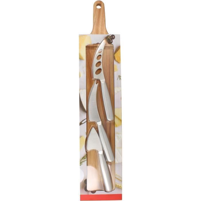 Planche a decouper - MENASTYL - 5040079 - Rectangulaire - En bois d'acacia - Avec 3 couteaux a fromage en inox