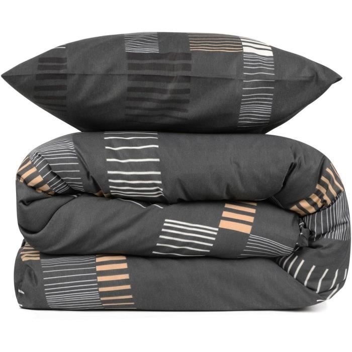 Parure de lit - 1 housse de couette 220x240 cm + 2 taies d'oreiller 60x60 cm - 65% coton, 35% polyester - Anthracite