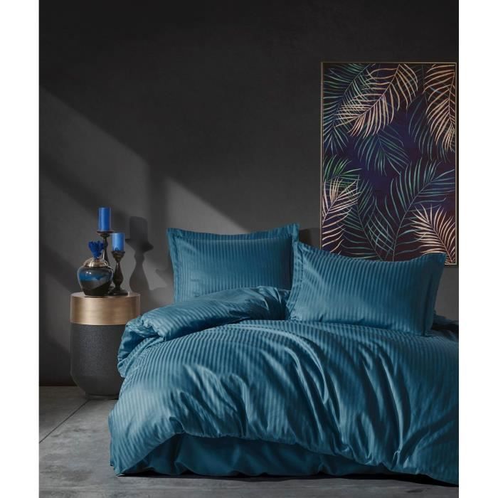 Parure de lit - 1 housse de couette 220 x 240 cm + 2 taies d'oreiller 60 x 60 cm - Satiné 100% coton - Bleu