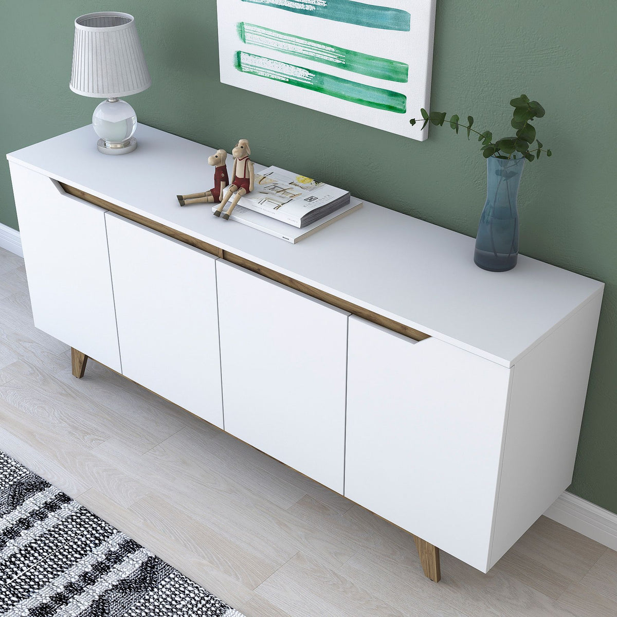 Buffet - GD102 - 4 portes - 180 x 79 x 45 cm - Blanc / Noyer