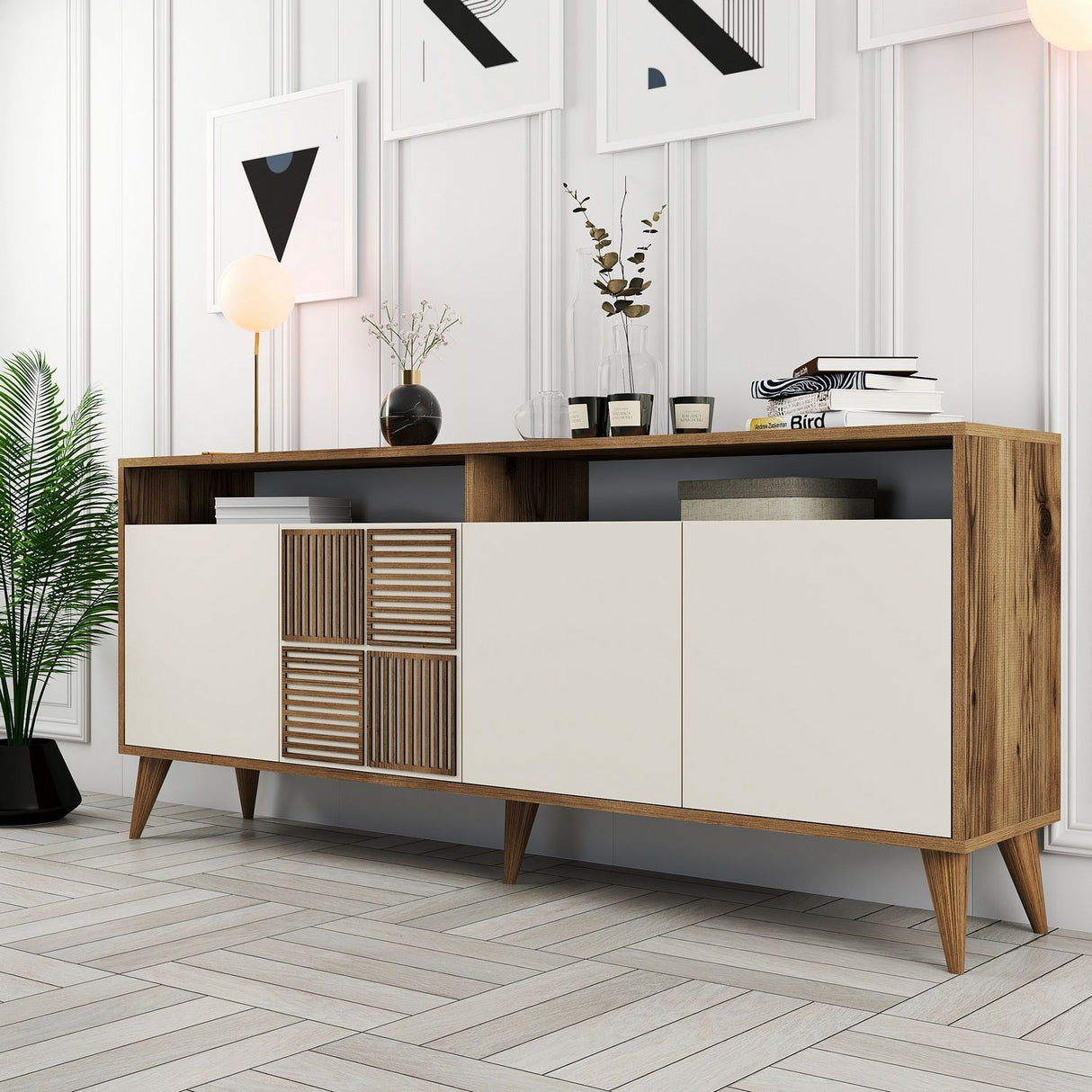 Buffet - MILAN - 4 portes - 180 x 78 x 35 cm - Noyer / Creme