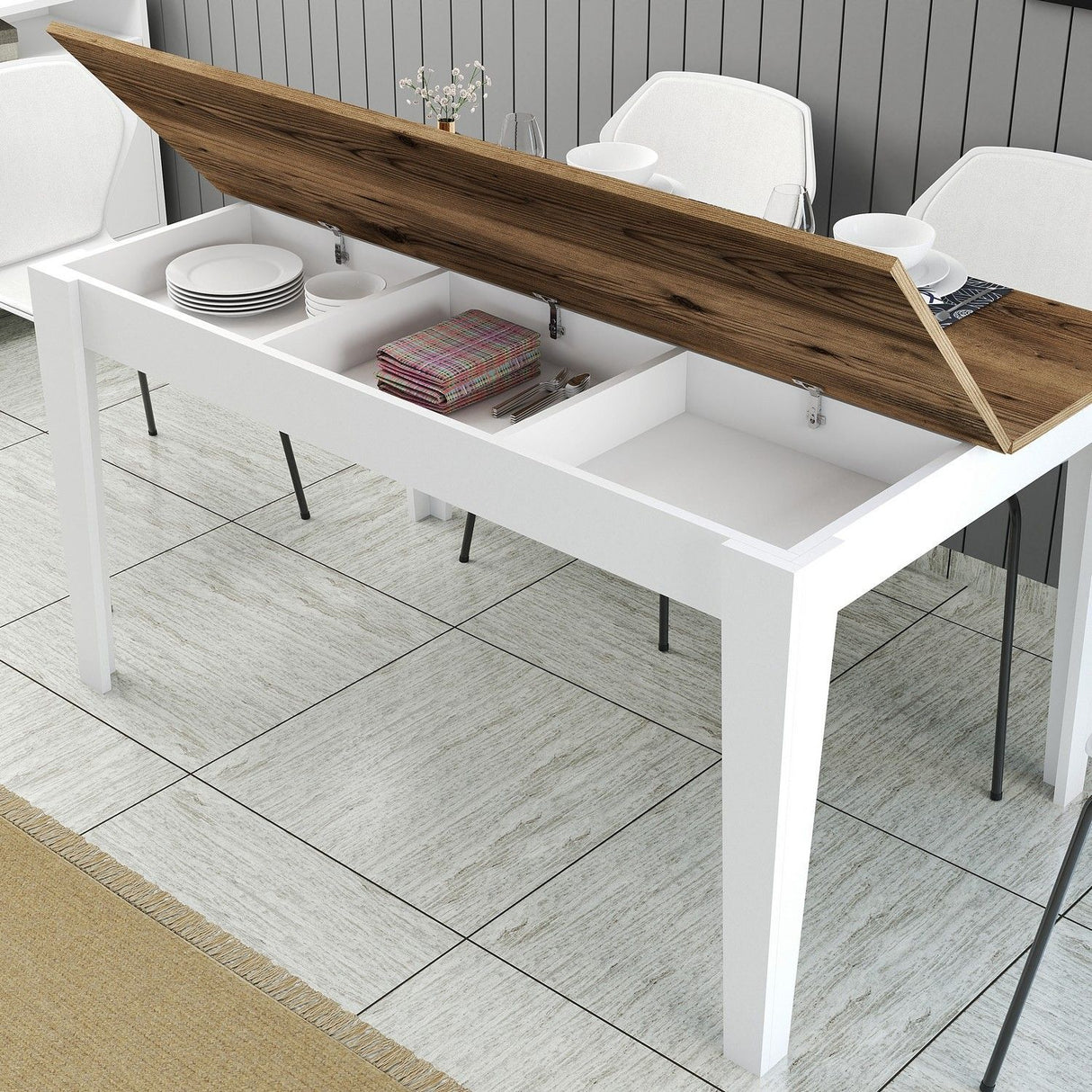 Table a manger - MILAN - Rectangulaire - 4 personnes - 145 x 75 x 88 cm - Noyer / Blanc