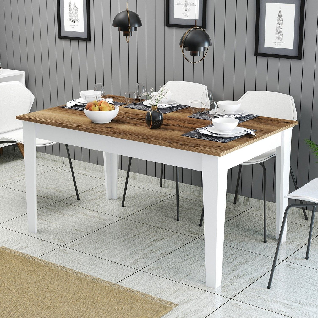 Table a manger - MILAN - Rectangulaire - 4 personnes - 145 x 75 x 88 cm - Noyer / Blanc