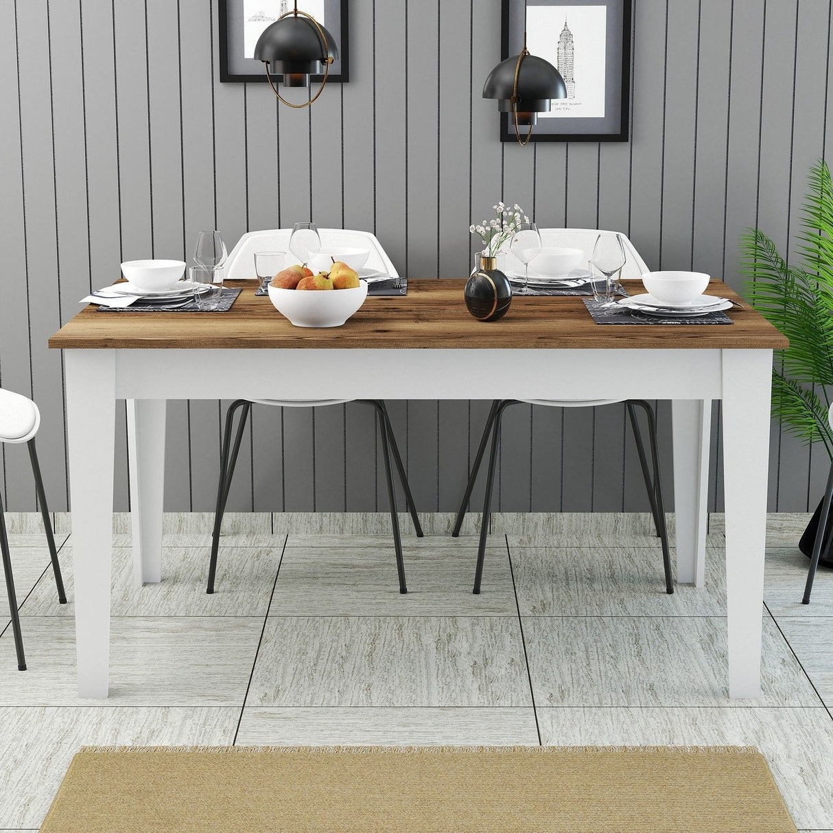 Table a manger - MILAN - Rectangulaire - 4 personnes - 145 x 75 x 88 cm - Noyer / Blanc