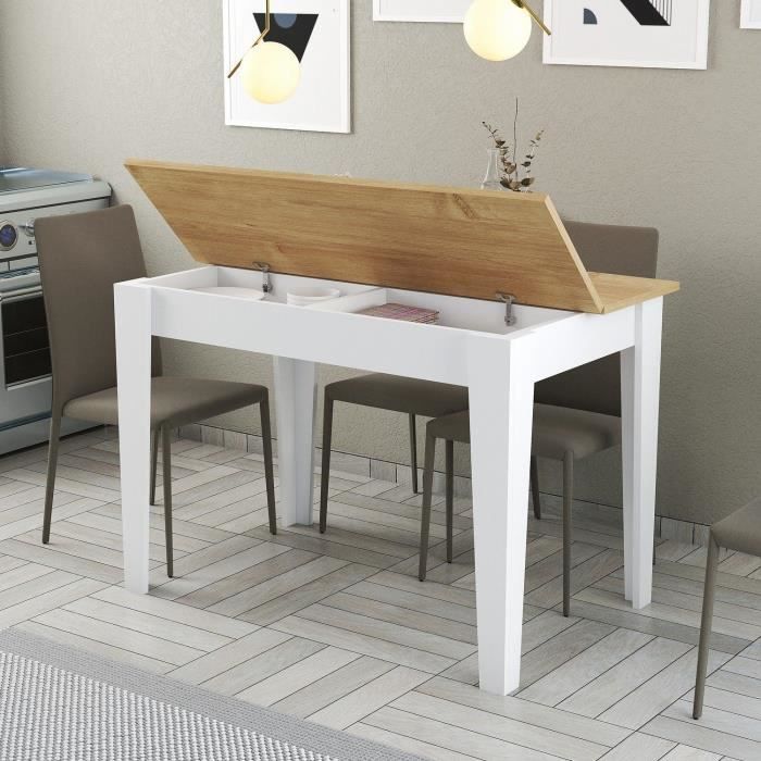 Table de cuisine avec rangement- KIEVA - Mélamine - Blanc / Chene - Rectangulaire - 4 / 6 personnes - 110 x 75 x 72 cm