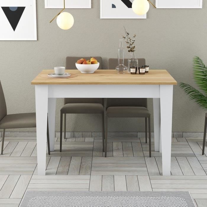 Table de cuisine avec rangement- KIEVA - Mélamine - Blanc / Chene - Rectangulaire - 4 / 6 personnes - 110 x 75 x 72 cm