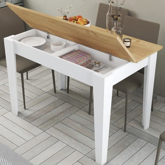 Table de cuisine avec rangement- KIEVA - Mélamine - Blanc / Chene - Rectangulaire - 4 / 6 personnes - 110 x 75 x 72 cm