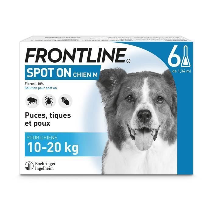 FRONTLINE 6 pipettes Spot On Chien M - 10 a 20 kg -  Puces tiques et poux