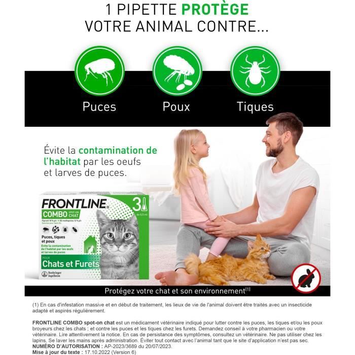 Frontline Combo chat - Anti-puces anti-tiques pour chat - 3 pipettes