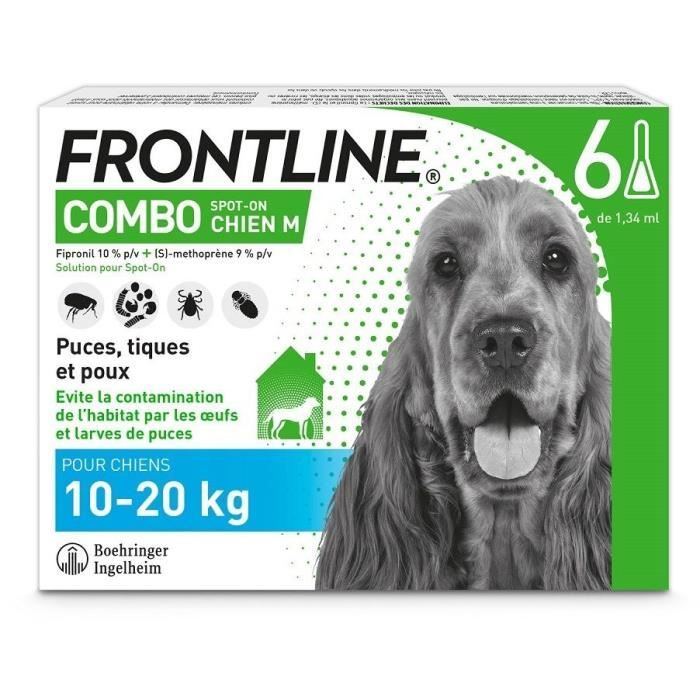 Frontline Combo chien - Anti-puces anti-tiques pour chien M - 10-20kg - 6 pipettes