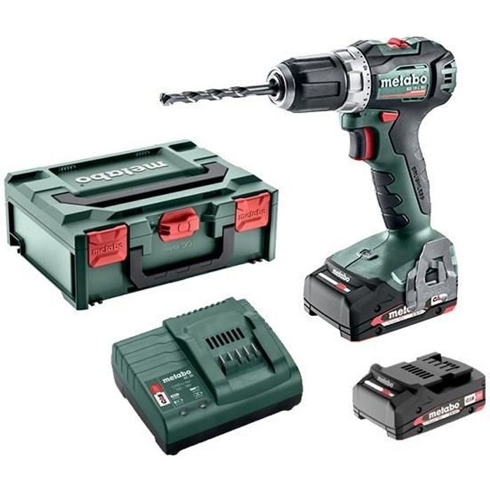 Pack Perceuse visseuse Compacte brushless sans fil 18V 55Nm mandrin 13mm+ 2 batteries 2Ah + chargeur + Metabox145 -METABO- BS18LBL