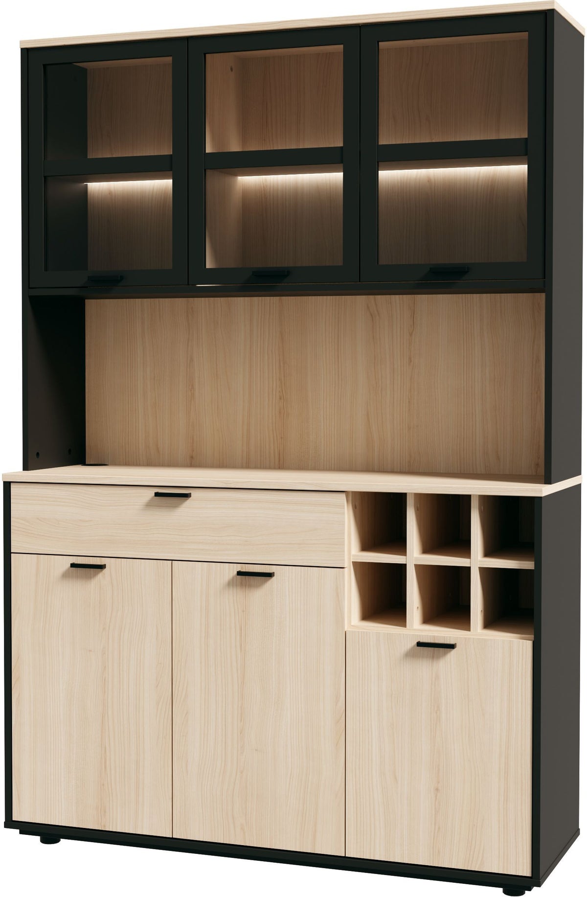 Buffet de cuisine - MANTEK - 122,8 x 41,5 x 183 cm - Chene / Noir - Style industriel - Eclairage LED inclus