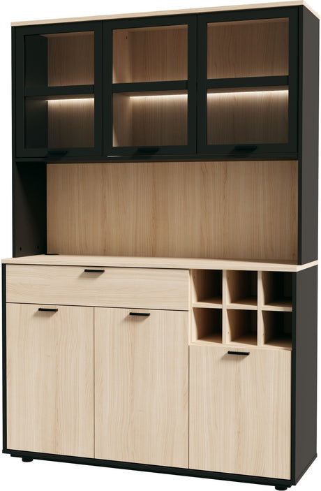 Buffet de cuisine - MANTEK - 122,8 x 41,5 x 183 cm - Chene / Noir - Style industriel - Eclairage LED inclus
