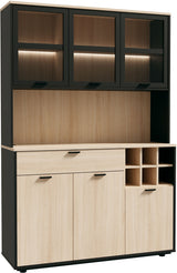 Buffet de cuisine - MANTEK - 122,8 x 41,5 x 183 cm - Chene / Noir - Style industriel - Eclairage LED inclus