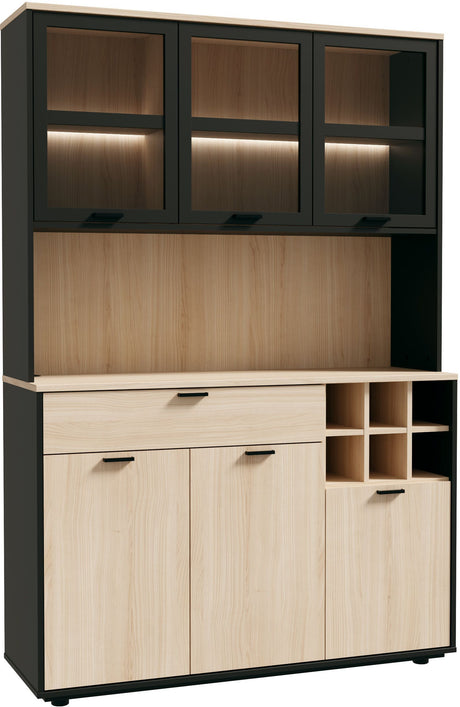 Buffet de cuisine - MANTEK - 122,8 x 41,5 x 183 cm - Chene / Noir - Style industriel - Eclairage LED inclus
