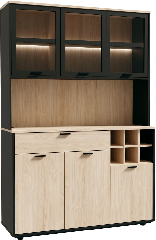 Buffet de cuisine - MANTEK - 122,8 x 41,5 x 183 cm - Chene / Noir - Style industriel - Eclairage LED inclus