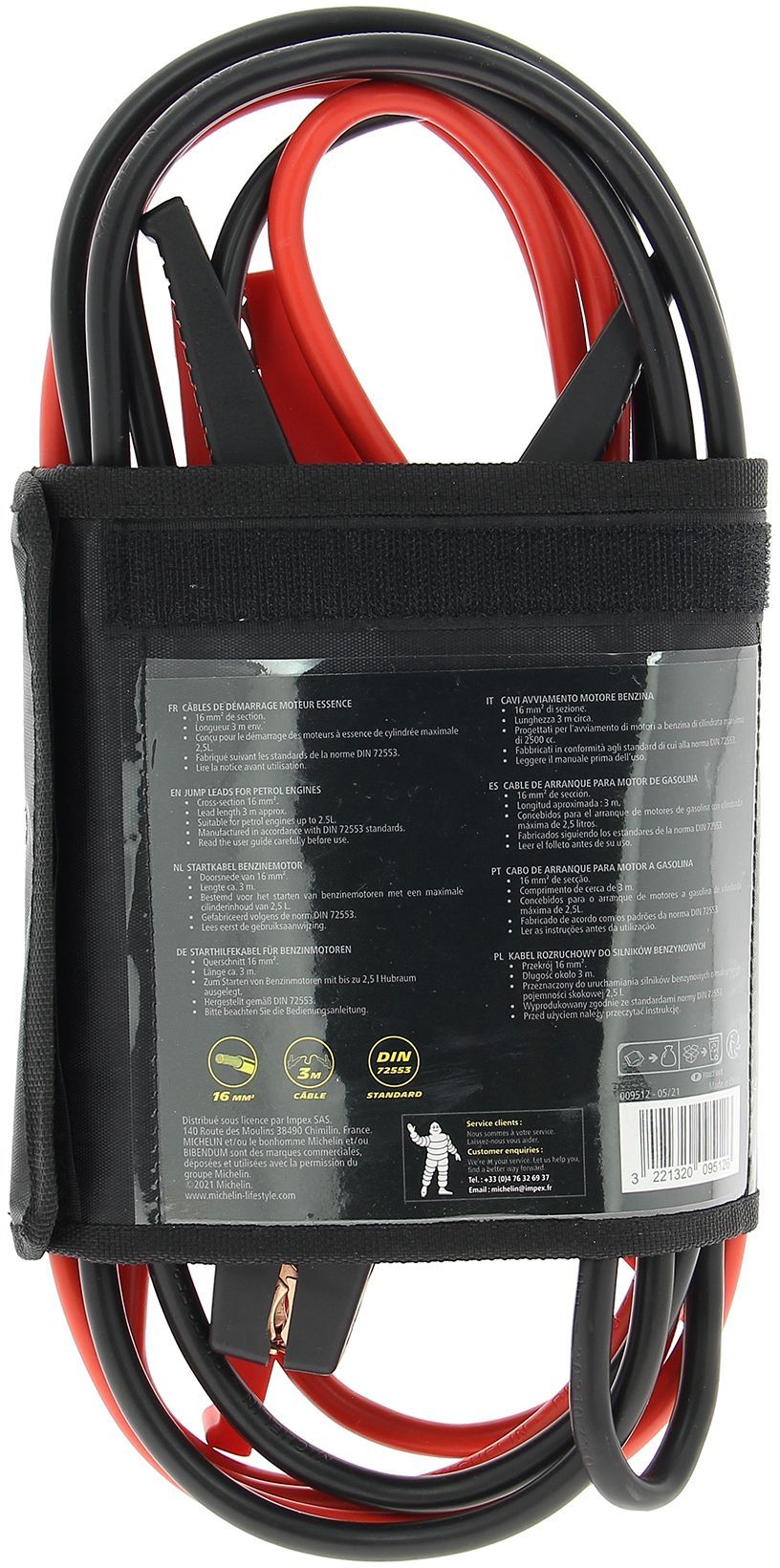 Câbles de démarrage - MICHELIN - 16mm2 de section - longueur de 3m - moteurs a essence de cylindrée maximale 2,5L