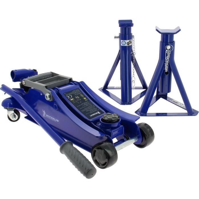 Cric hydraulique rouleur 1,8T + 2 Chandelles 2T - MICHELIN - Ht de levage cric : 105-350mm - Ht de levage chandelles : 266-355 mm