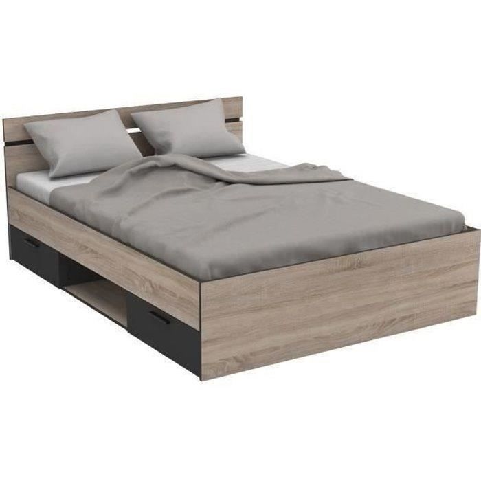 DEMEYERE Michigan Lit adulte 140x190 cm - 2 tiroirs et 1 niche - Industriel - Certifié PEFC 100% - Décor chene brossé et noir