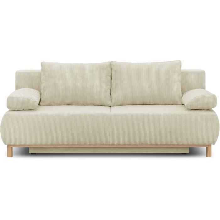 Banquette convertible 3 places MIKA - Velours côtelé Beige - Coffre de rangement - L 192 x H 84 x P 93 cm