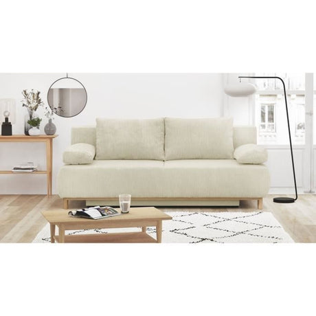 Canapé convertible - 3 places - MIKA - Velours côtelé beige - Coffre de rangement - L 192 x H 84 x P 93 cm