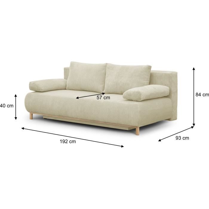 Canapé convertible - 3 places - MIKA - Velours côtelé beige - Coffre de rangement - L 192 x H 84 x P 93 cm