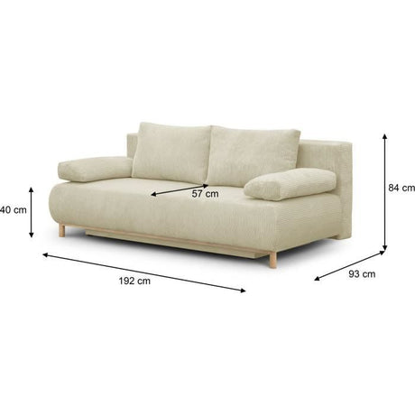 Canapé convertible - 3 places - MIKA - Velours côtelé beige - Coffre de rangement - L 192 x H 84 x P 93 cm