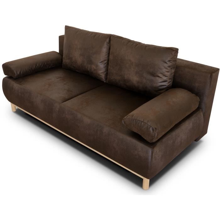 Canapé convertible - 3 places - MIKA - Tissu vintage cuir vieilli Marron foncé - Coffre - 192 x 84 x 93 cm
