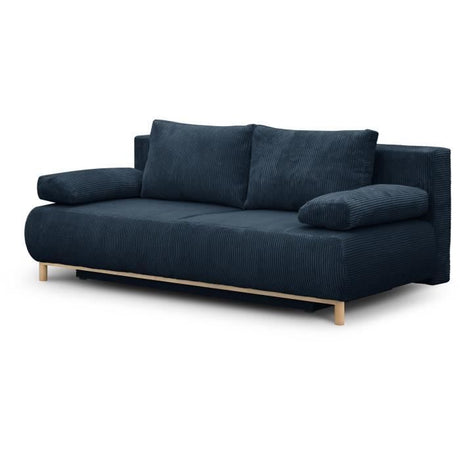 Canapé convertible - 3 places - MIKA - Velours côtelé bleu foncé - Coffre de rangement - L 192 x H 84 x P 93 cm