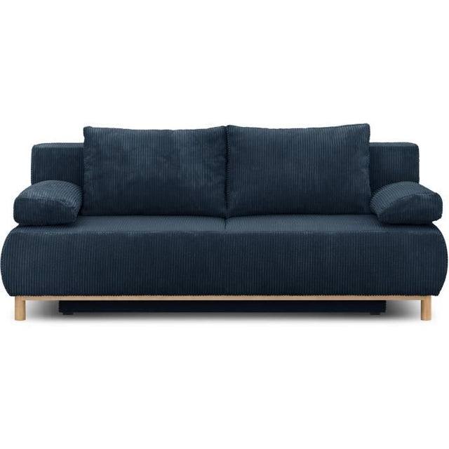 Canapé convertible - 3 places - MIKA - Velours côtelé bleu foncé - Coffre de rangement - L 192 x H 84 x P 93 cm