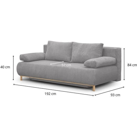 Canapé convertible - 3 places - MIKA - Velours côtelé gris clair - Coffre de rangement - L 192 x H 84 x P 93 cm