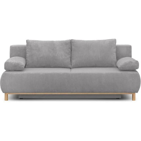 Canapé convertible - 3 places - MIKA - Velours côtelé gris clair - Coffre de rangement - L 192 x H 84 x P 93 cm