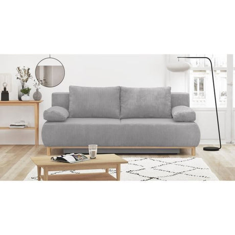 Canapé convertible - 3 places - MIKA - Velours côtelé gris clair - Coffre de rangement - L 192 x H 84 x P 93 cm