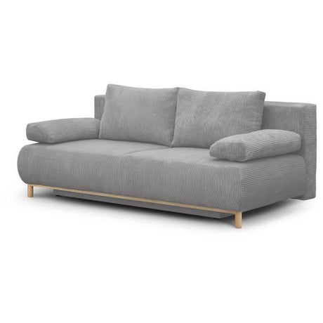 Canapé convertible - 3 places - MIKA - Velours côtelé gris clair - Coffre de rangement - L 192 x H 84 x P 93 cm
