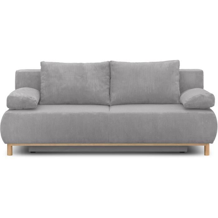 Canapé convertible - 3 places - MIKA - Velours côtelé gris clair - Coffre de rangement - L 192 x H 84 x P 93 cm