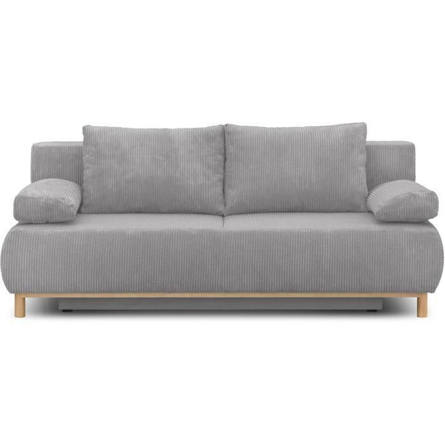 Canapé convertible - 3 places - MIKA - Velours côtelé gris clair - Coffre de rangement - L 192 x H 84 x P 93 cm