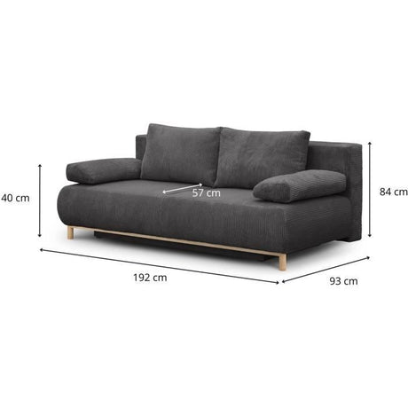 Canapé convertible - 3 places - MIKA - Velours côtelé gris foncé - Coffre de rangement - L 192 x H 84 x P 93 cm