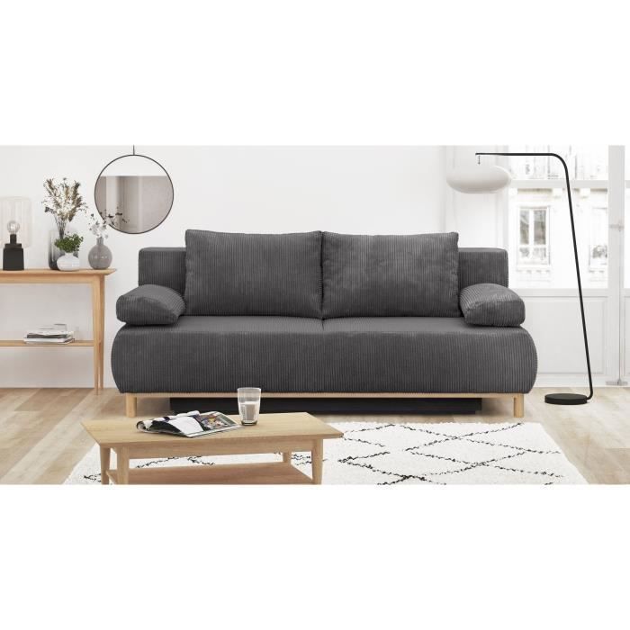 Banquette convertible 3 places MIKA - Velours cÙtelÈ gris foncÈ - Coffre de rangement - L 192 x H 84 x P 93 cm