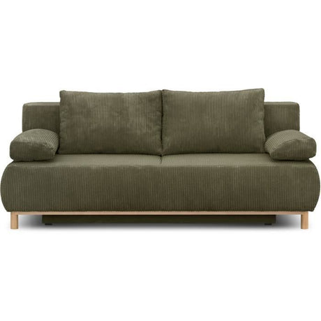Canapé convertible - 3 places - MIKA - Velours côtelé vert kaki - Coffre de rangement - L 192 x H 84 x P 93 cm