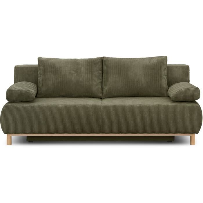 Canapé convertible - 3 places - MIKA - Velours côtelé vert kaki - Coffre de rangement - L 192 x H 84 x P 93 cm