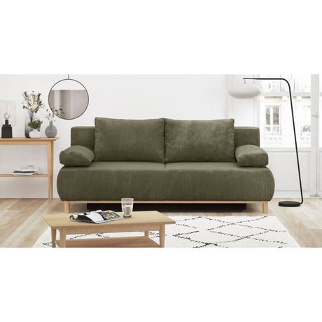Canapé convertible - 3 places - MIKA - Velours côtelé vert kaki - Coffre de rangement - L 192 x H 84 x P 93 cm