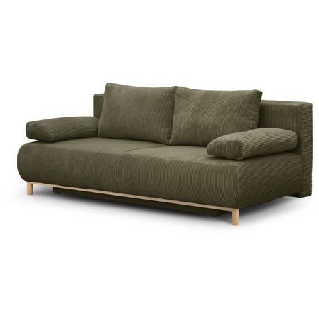 Canapé convertible - 3 places - MIKA - Velours côtelé vert kaki - Coffre de rangement - L 192 x H 84 x P 93 cm