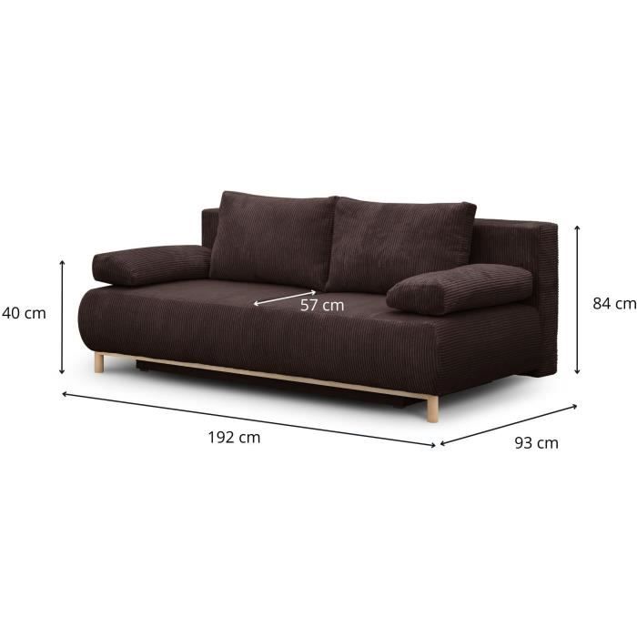 Canapé convertible - 3 places - MIKA - Velours côtelé marron foncé - Coffre de rangement - L 192 x H 84 x P 93 cm