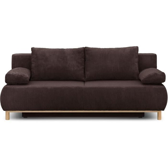 Canapé convertible - 3 places - MIKA - Velours côtelé marron foncé - Coffre de rangement - L 192 x H 84 x P 93 cm