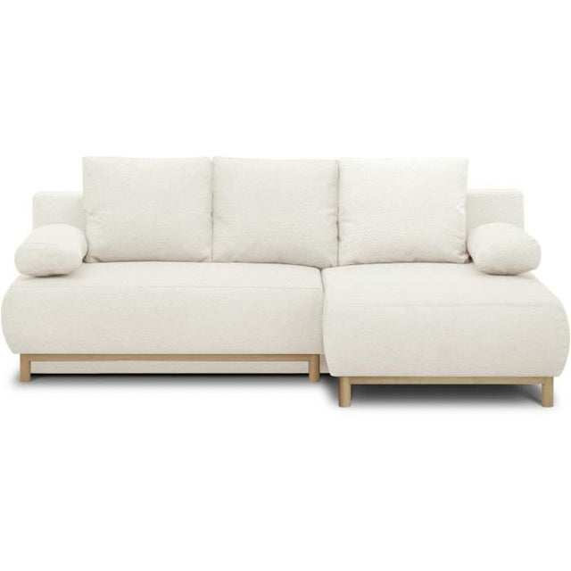 Canapé d'angle droit convertible - 3 places - MIKA - Tissu bouclettes écru - Coffre de rangement - 192 x 84 x 93 cm