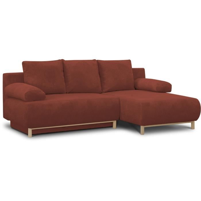 Canapé d'angle droit convertible - 3 places - MIKA - Tissu velours côtelé rouille - Coffre de rangement - 192 x 84 x 93 cm