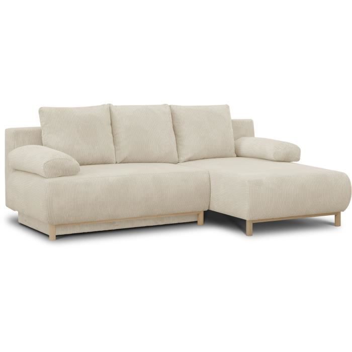 Canapé d'angle droit convertible MIKA 3 places - Velours côtelé beige - Coffre de rangement - L218 x P98/145 x H84 cm